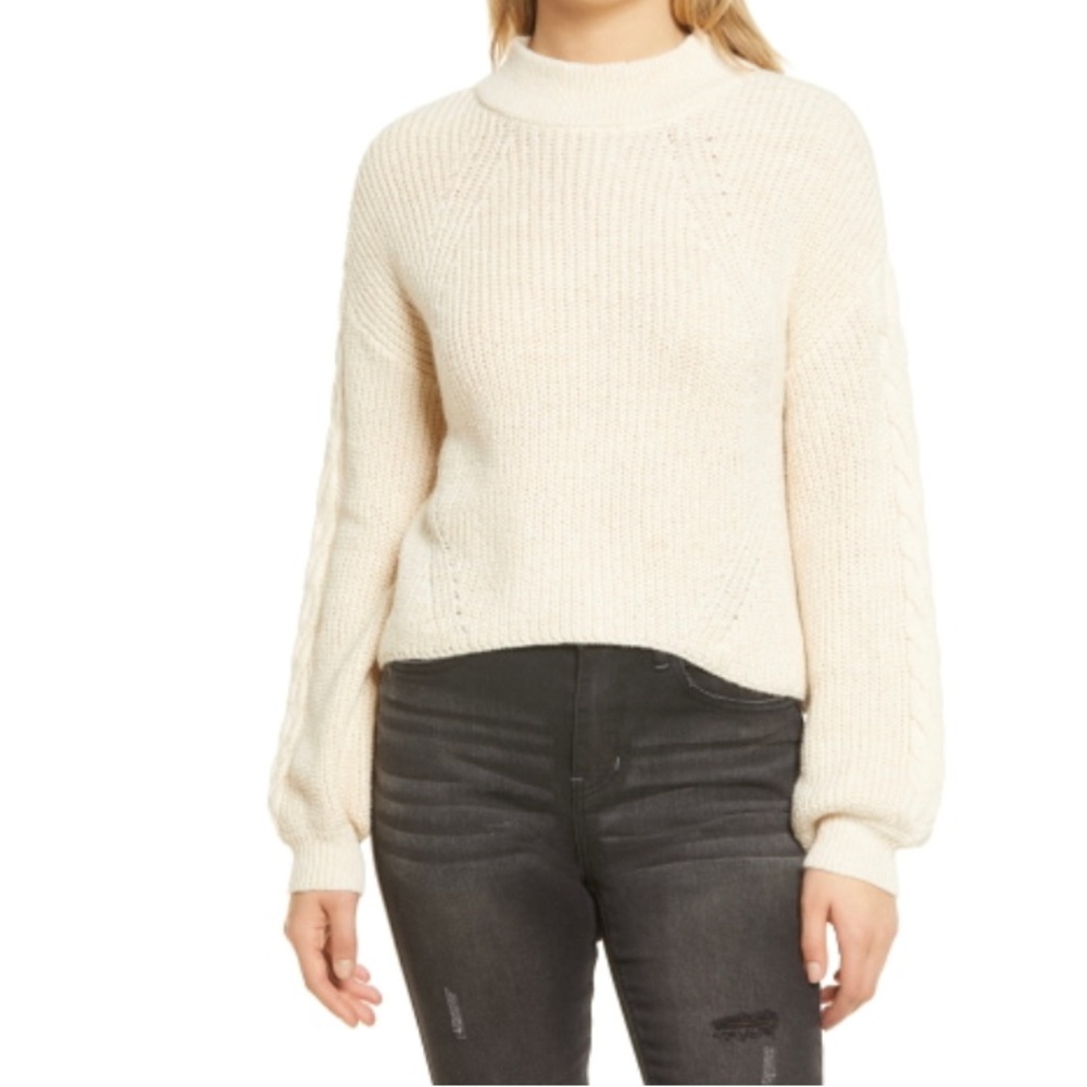 BP Women Sweater Cable Knit Sleeve Pullover White Ivory XS